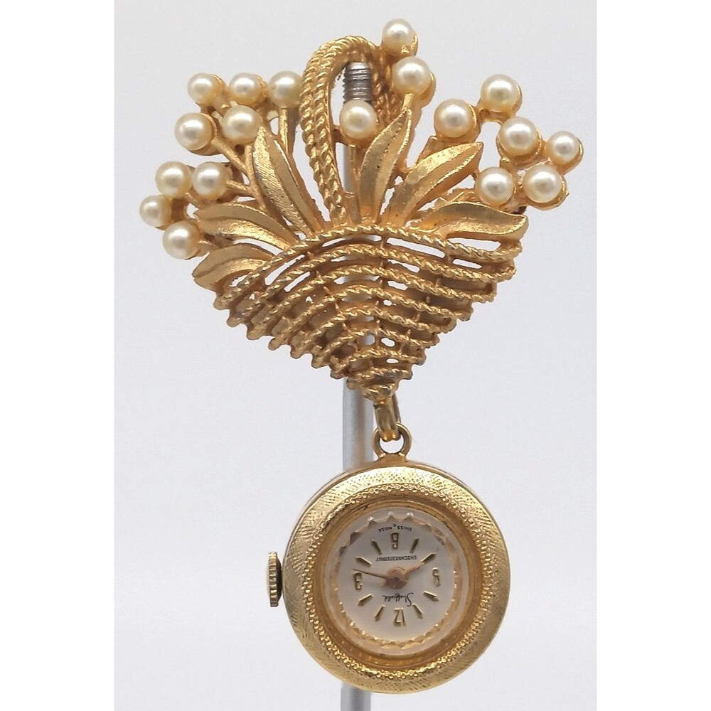 Sheffield Swiss Made Flower Basket Brooch Pin Watch Gold Tone Faux Pearls Vtg.